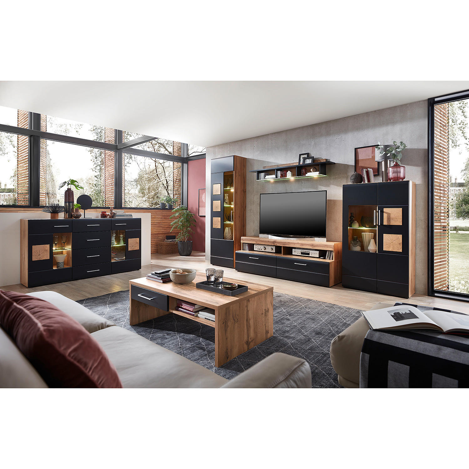 WOHNWAND - 4-teilig - inkl. Beleuchtung - Matt Schwarz / Eiche Dekor - Silberfarben/Schwarz, Holzwerkstoff/Metall (340/208/52cm) - home24