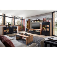 WOHNWAND - 4-teilig - inkl. Beleuchtung - Matt Schwarz / Eiche Dekor - Silberfarben/Schwarz, Holzwerkstoff/Metall (340/208/52cm) - home24