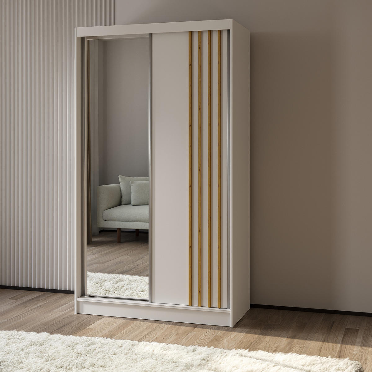 SCHWEBETÜRENSCHRANK NELVIA 120/216/61 cm 2-türig mit Spiegel Weiß - Weiß, Holzwerkstoff (120/216/61cm) - MASSENO