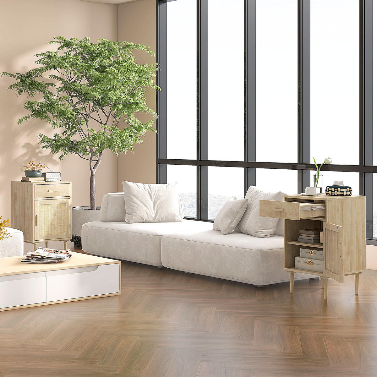 NACHTSCHRANK DE-12831 Schublade und Rattantür Natur - Naturfarben, Holzwerkstoff (40/68.5/40cm) - ComfortXL