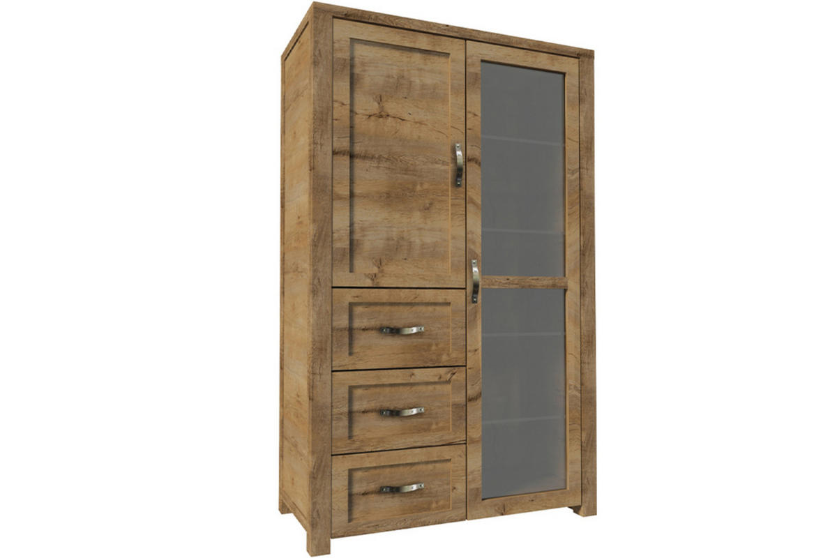 VITRINENSCHRANK RABO mit Glastür und Schubladen, Lefkas Eiche - Eichefarben/Braun, Holz (115/186/44cm) - KONSIMO®