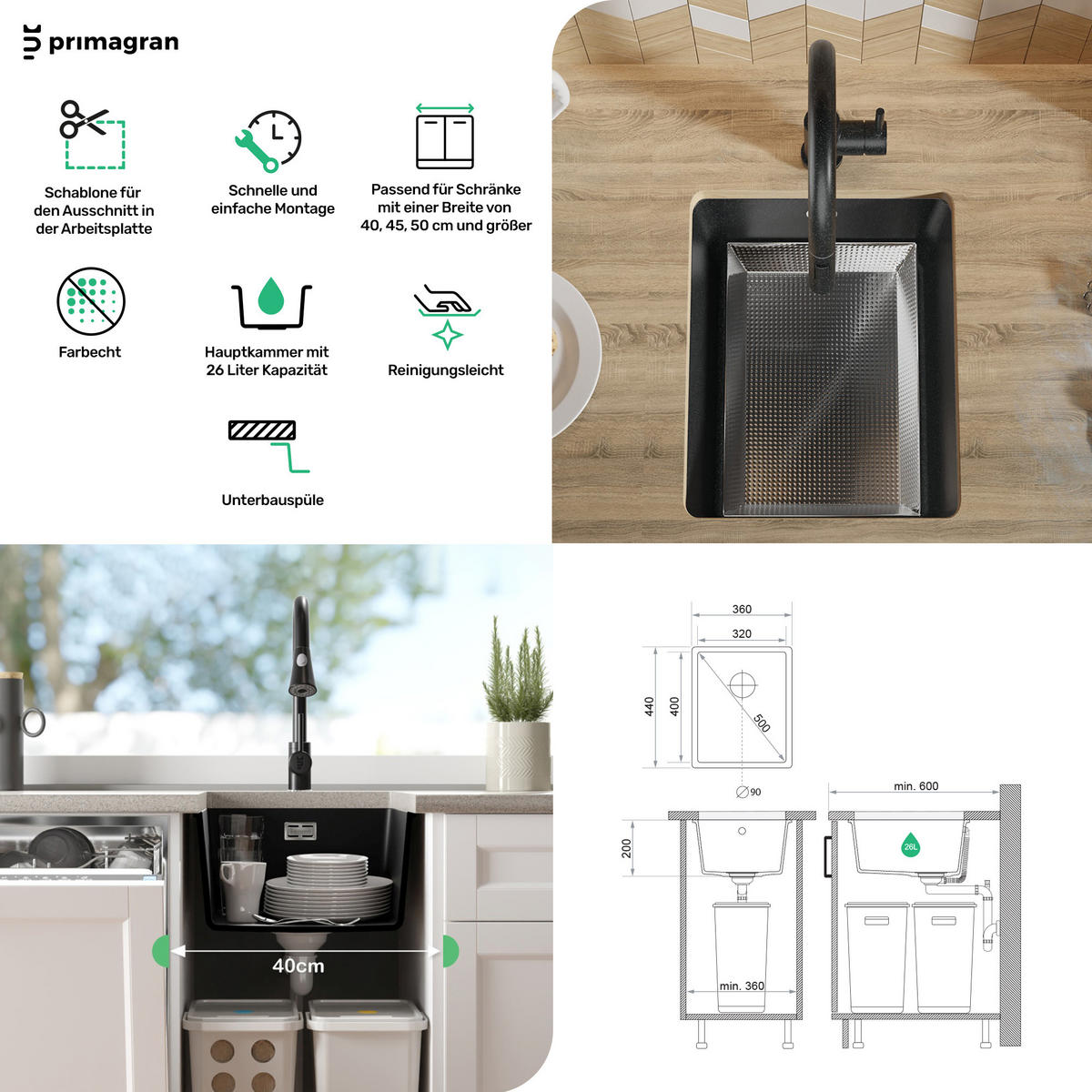 UNTERBAUSPÜLE GRANIT Venedig Easy, 2-er set Alles Schwarz 36/44 cm 1 Becken + Ablauf-Set ab 40er Unterschrank - Schwarz, Kunststoff (36/20/44cm) - Primagran