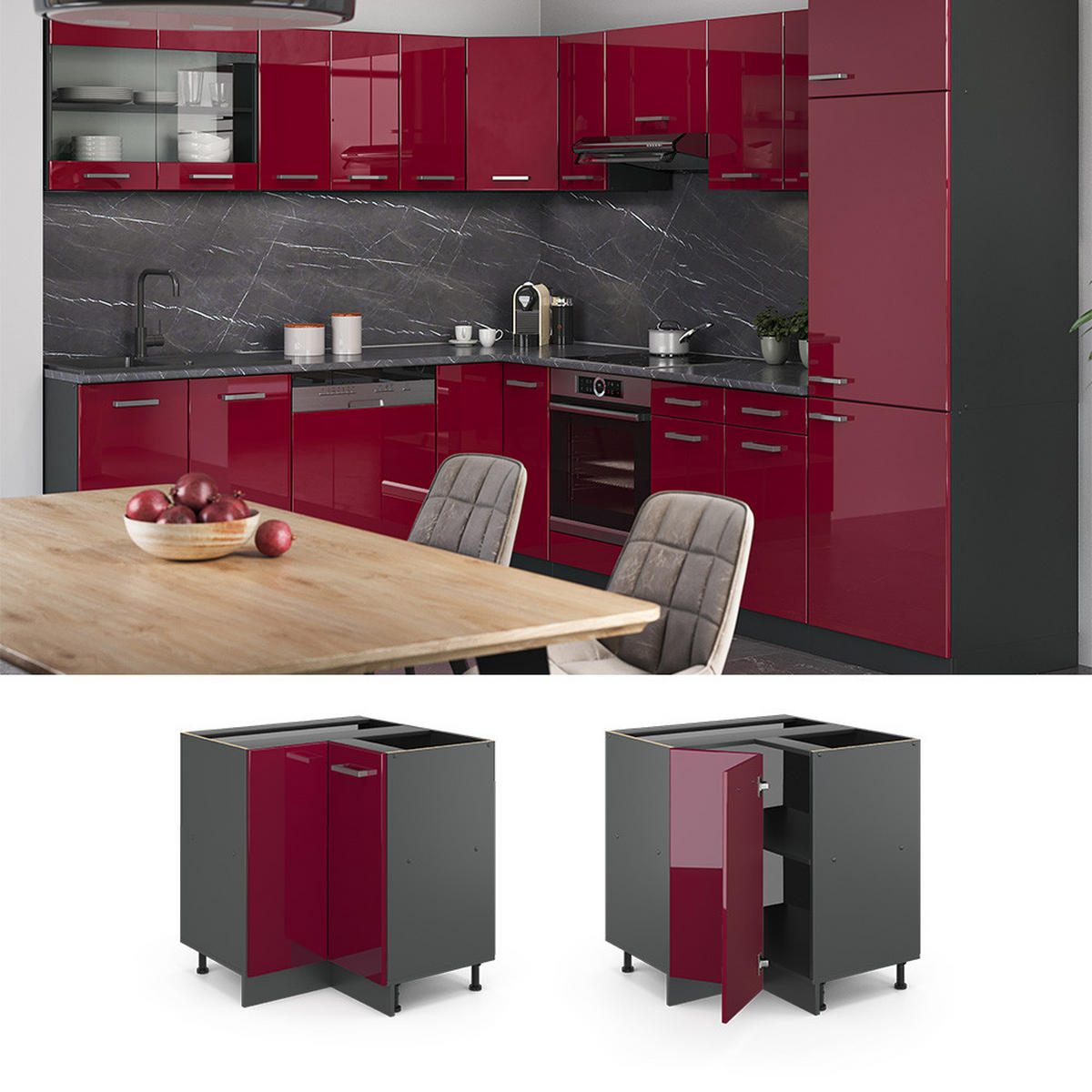 ECKUNTERSCHRANK R-Line Rot Hochglanz 75.6 cm ohne Arbeitsplatte - Bordeaux/Anthrazit, Holzwerkstoff (75.6/81.6/46cm) - Vicco