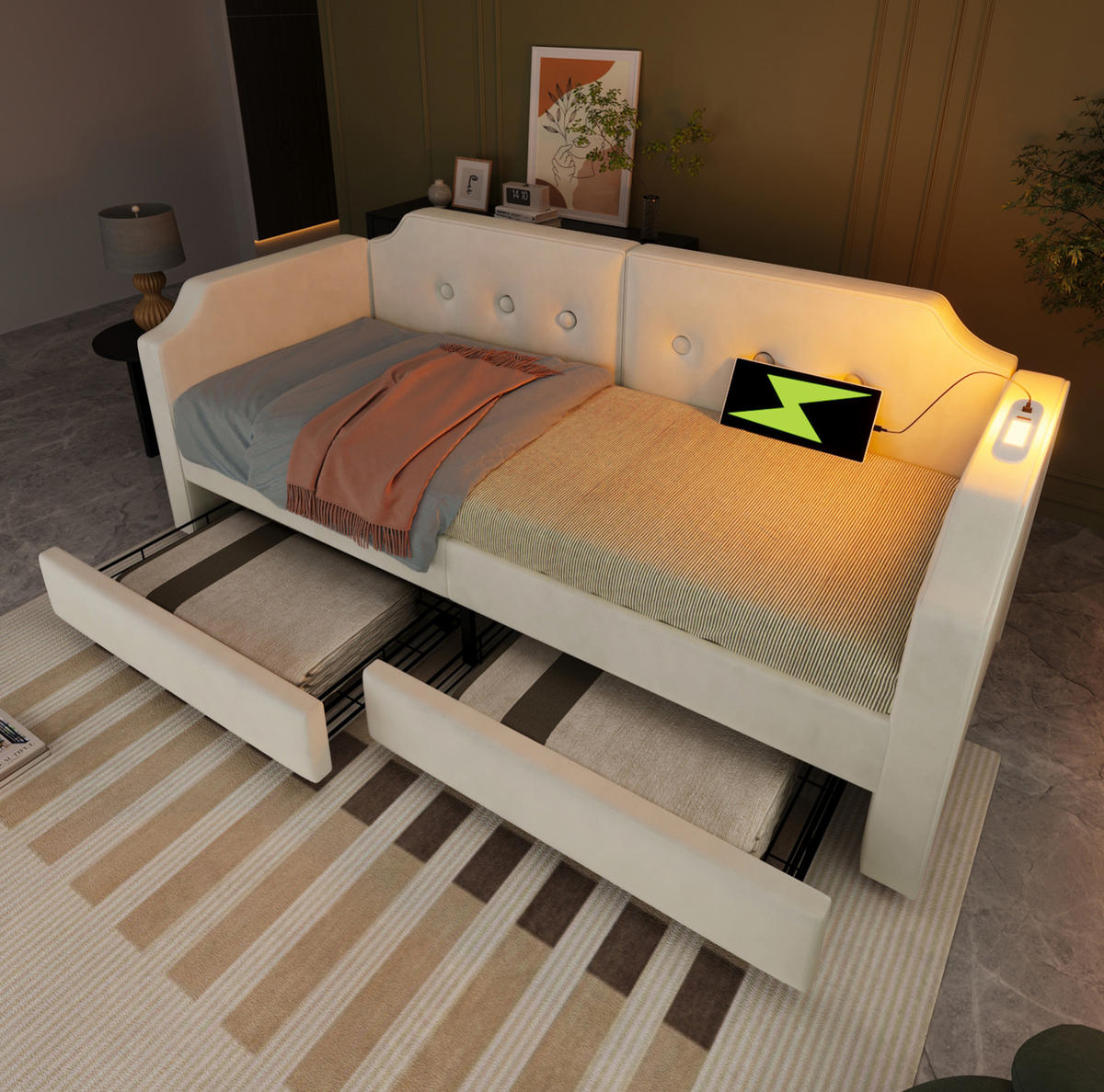 POLSTERBETT 90/200 cm Beige mit USB-Type-C Leselicht und 2 Stauraum Schubladen - Beige, Textil (90/200cm) - OKWISH