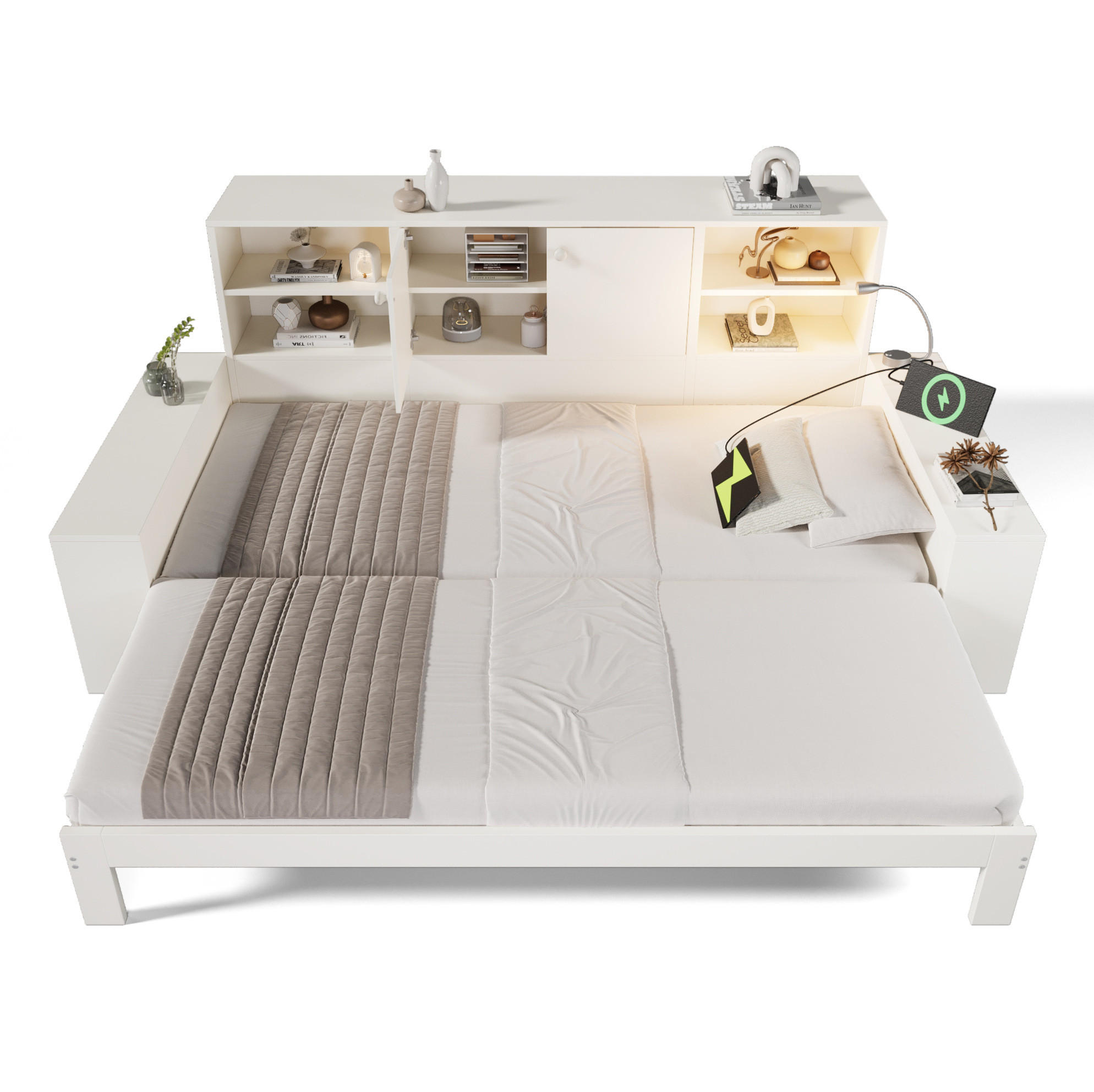 DENNÁ posteľ 90/200 cm biela s výsuvným lôžkom, úložným priestorom a USB portmi z MDF a preglejky - biela, kompozitné drevo (90/200cm) - OKWISH