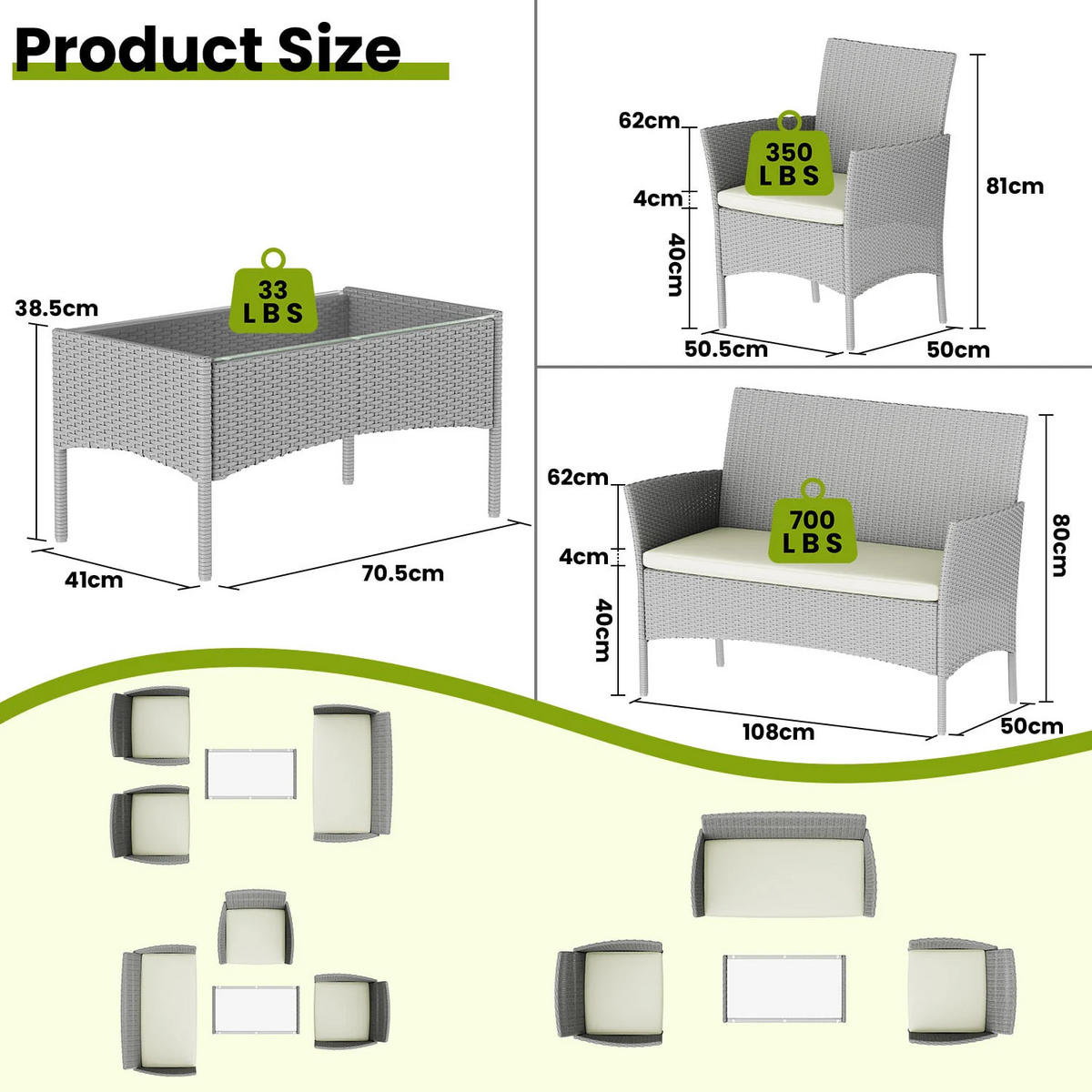 ECKSOFA Loungeset 4tlg Grau Gartensofa Set - Grau, Textil - Rattrix