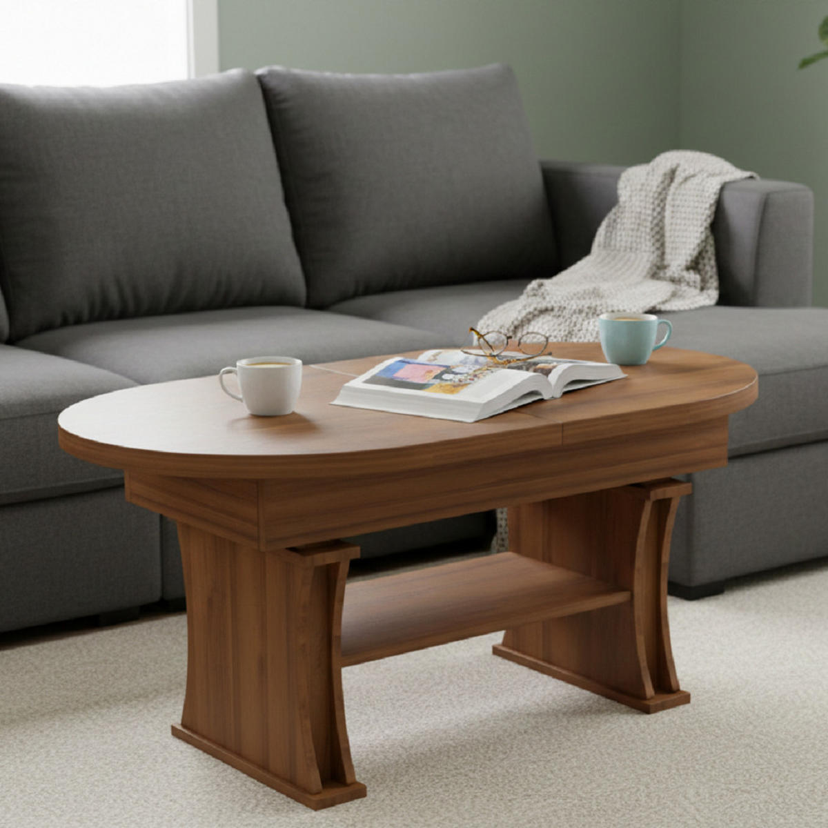 COUCHTISCH oval ausziehbar höhenverstellbar Ablage 130/80/60 cm - Nussbaumfarben, Holzwerkstoff (80/130/60cm) - designimpex