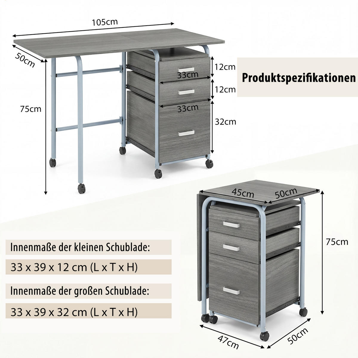 COMPUTERTISCH Grau - Grau, Holzwerkstoff (50/105/74cm) - COSTWAY