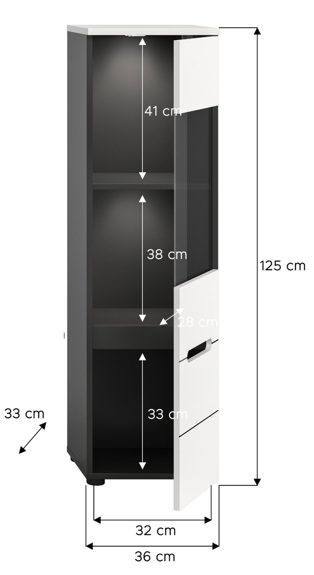VITRINE weiß, grau, Vitrinenschrank hängend / stehend 36 cm - Schwarz/Weiß, Glas/Holzwerkstoff (36/125/33cm) - Inn.Furn