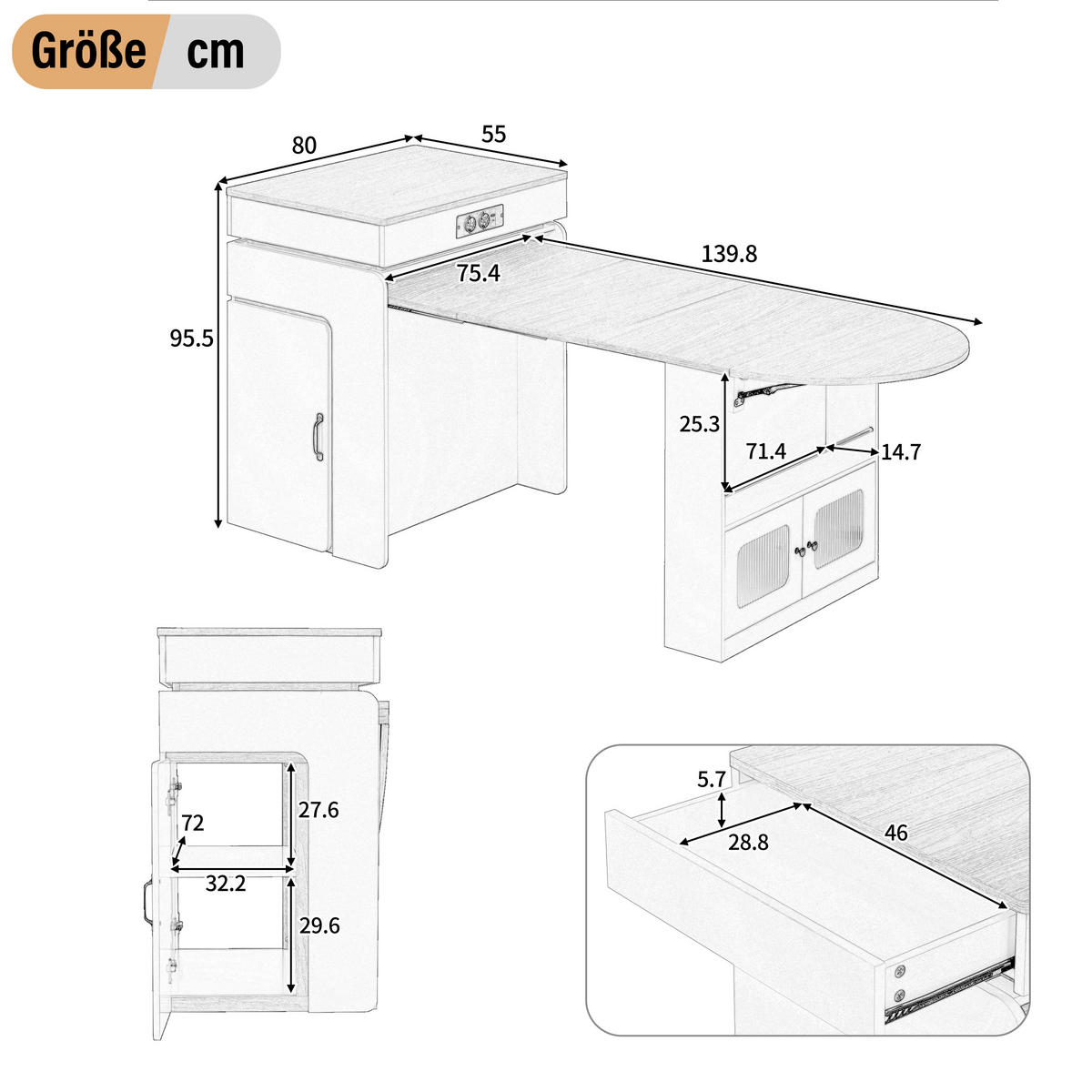 KÜCHENINSEL ausziehbar 55-194/80/95,5 cm mit LED DE-39581 Weiß - Weiß, Holzwerkstoff (80/95.5/55cm) - ComfortXL