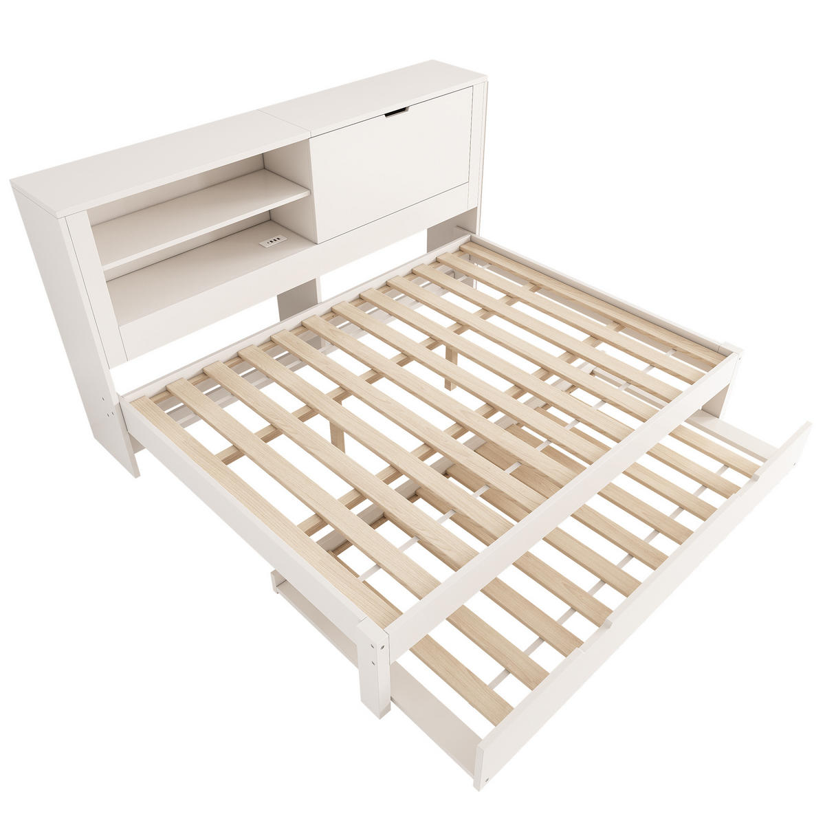 AUSZIEHBETT 140/190 cm DE-00848, in Weiß, USB-C und Klapp-Stauraum - Weiß, Holz (140/190cm) - ComfortXL