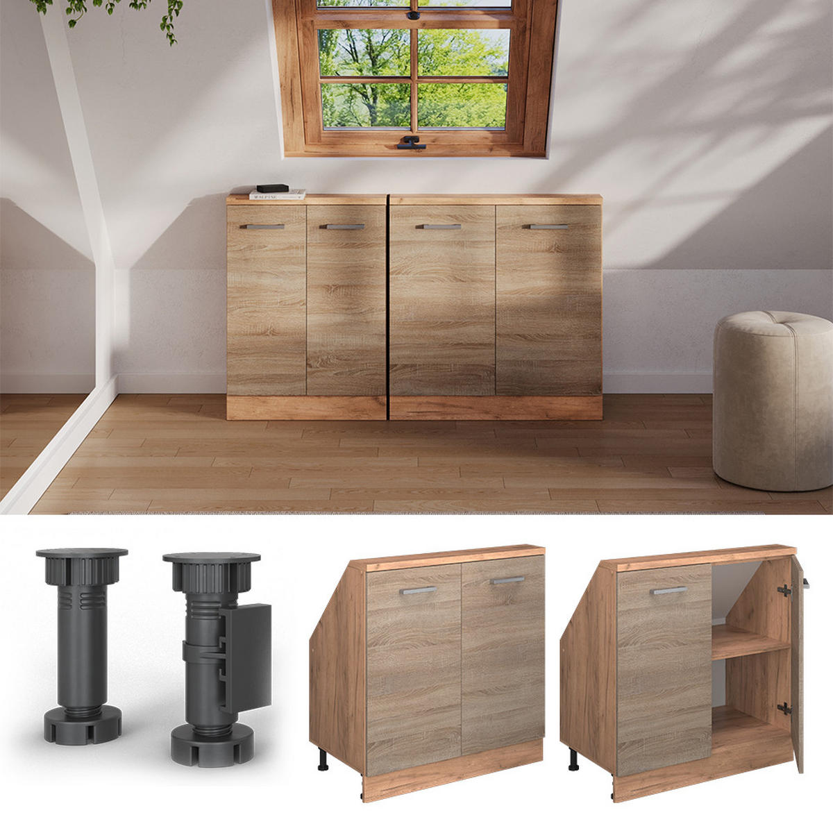 KUCHYŇSKÁ SKŘÍŇKA POD ŠIKMOU STŘECHU R-Line Dub Sonoma/Goldkraft - medově dubová/Sonoma dub, kompozitní dřevo (80/81.6/46cm) - Vicco