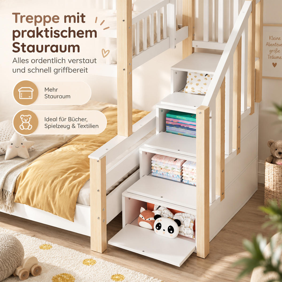ETAGENBETT 90x190/120x190 mit Treppe/Stauraum, Rausfallschutz, Holz - Weiß, Holz (90/190cm) - LVHOM