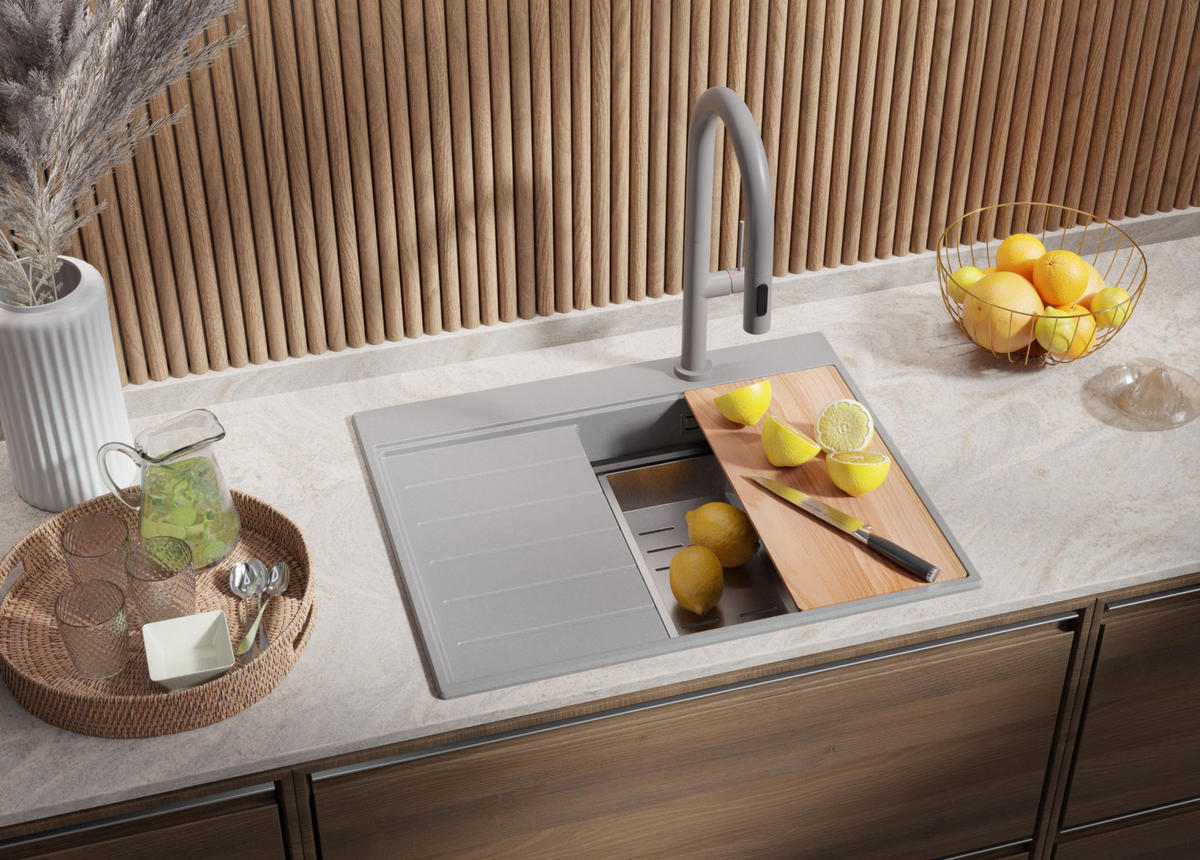 SPÜLBECKEN Sydney, 2-er set Grau 62/50 cm 1 Becken + Ablauf-Set + Küchenzubehörset ab 40er Unterschrank - Chromfarben/Beige, Kunststoff (62/20/50cm) - Primagran