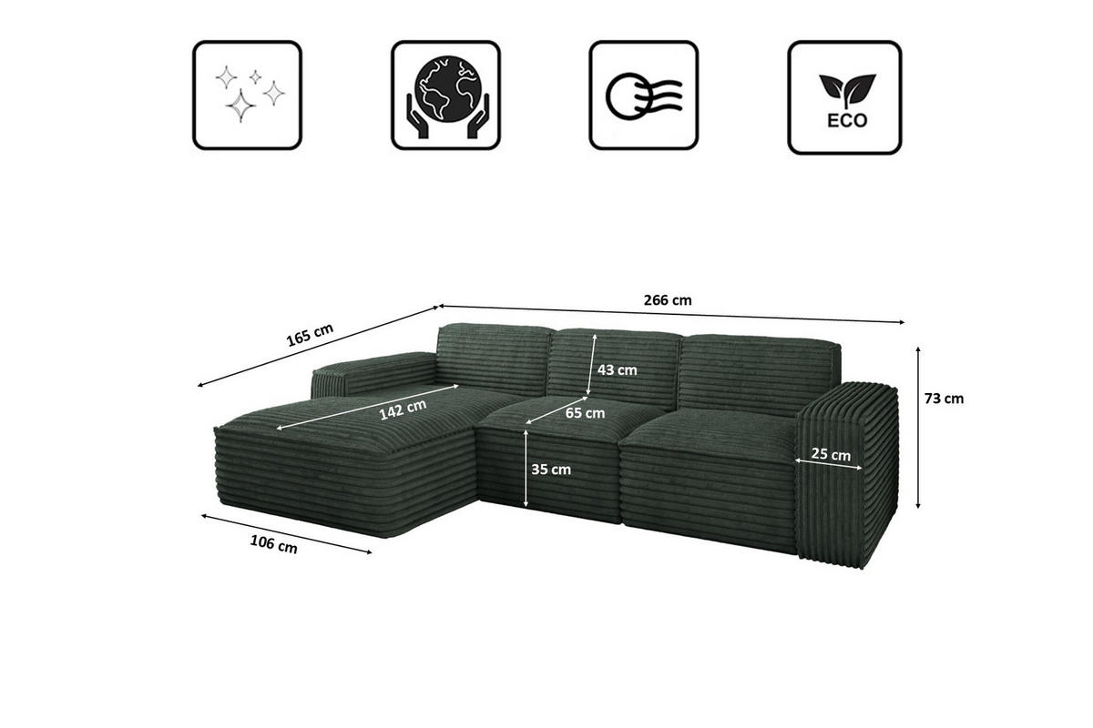 ECKSOFA L-Form Siena Stoff Velo Grün Links - Grün, Holz/Kunststoff (165/266cm) - Kaiser Möbel