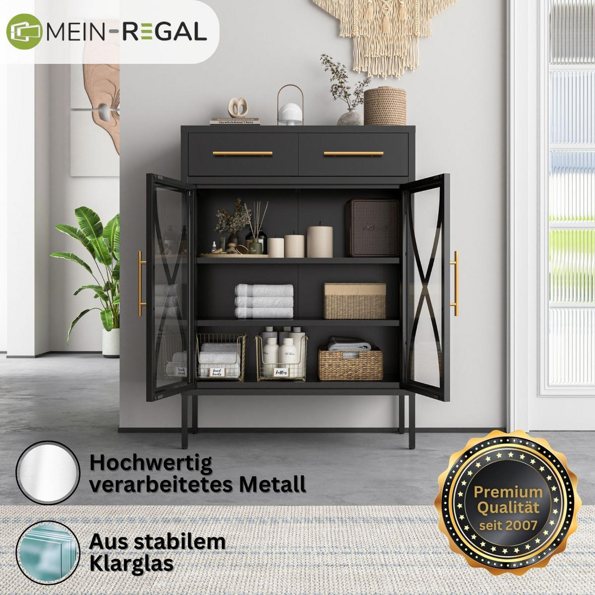 HIGHBOARD TORONTO Metall Schwarz Türen und Schubladen 80/35/110 cm - Schwarz, Metall (35/110/80cm) - Mein-Regal