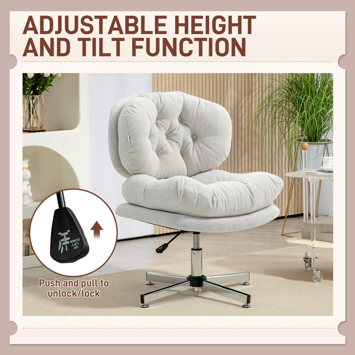 BÜROSTUHL, Gepolsterter Schneidersitz-Stuhl mit Leinenoptik, Cremeweiß - Silberfarben/Creme, Textil/Metall (65/94/65cm) - HOMCOM