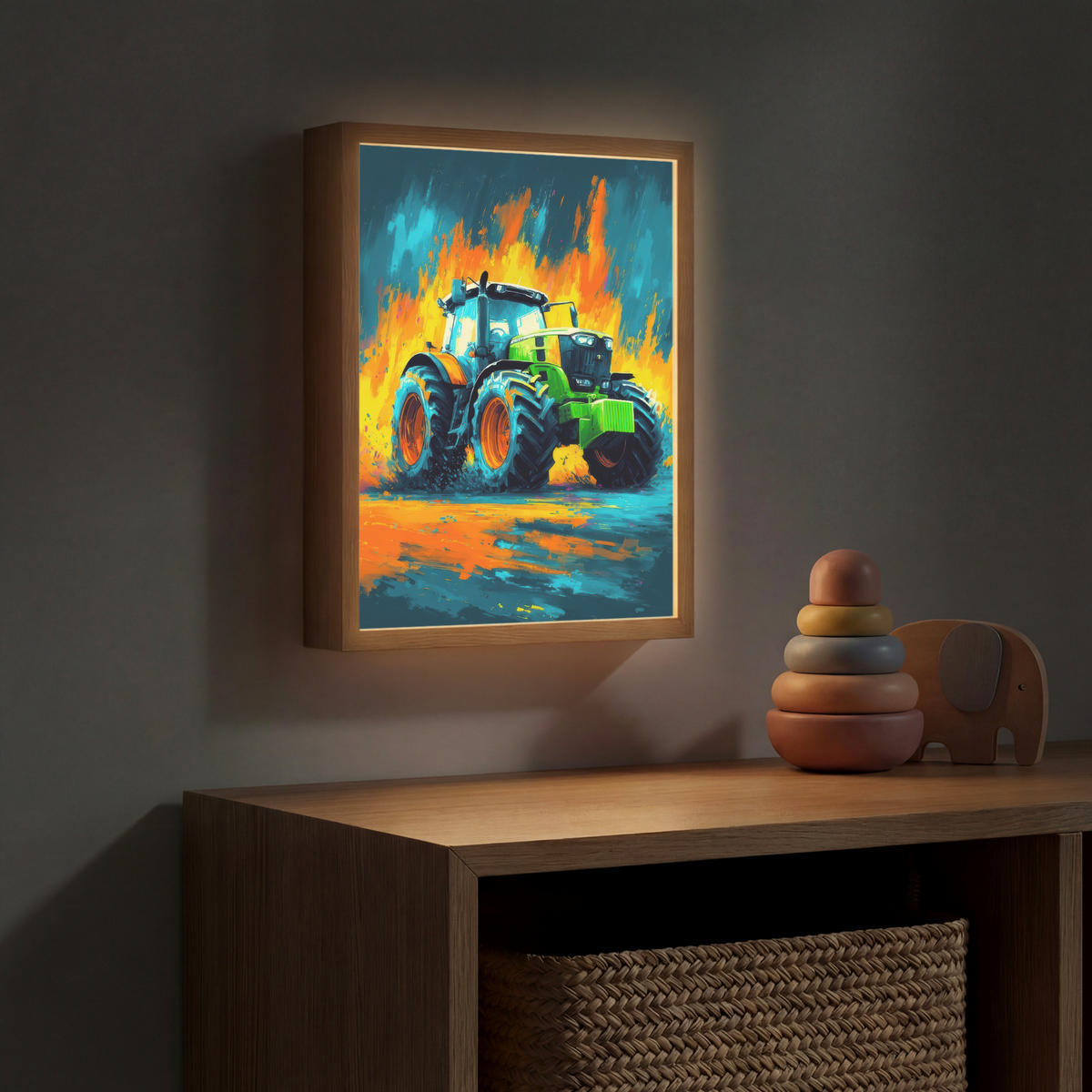 DOBÍJECÍ NOČNÍ LAMPIČKA Abstrakt - Traktor - Zelený 30x40 cm - tmavě modrá, kompozitní dřevo (8/30/40cm) - OnlyWow