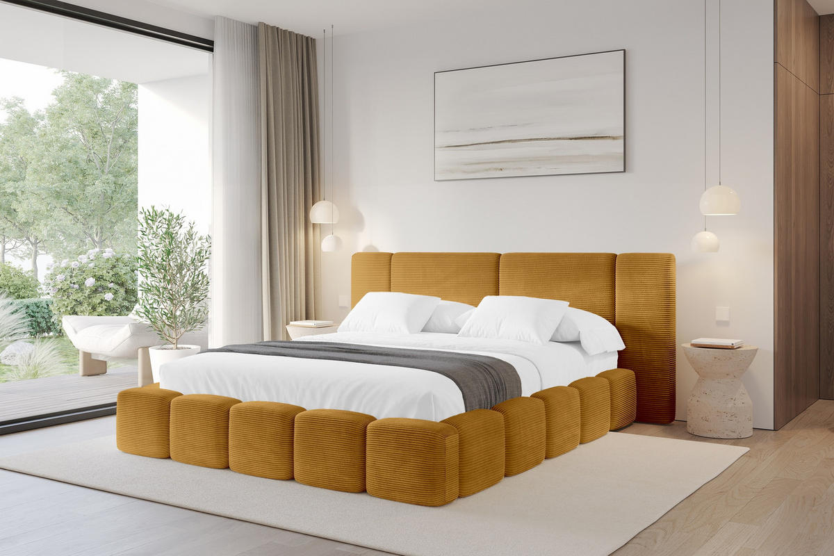 POLSTERBETT mit Bettkasten und Lattenrost, Bett mit Matratze H3/H4 - NILO 140x200 Senfgelb - Currygelb, Holzwerkstoff/Textil (140/200cm) - ALTDECOR