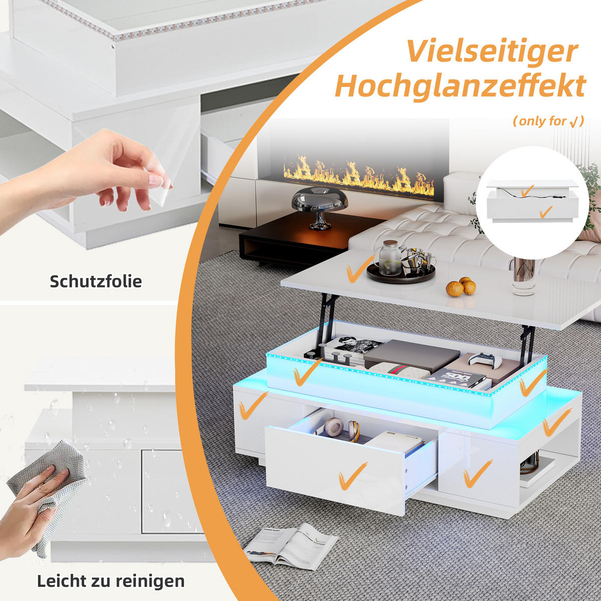COUCHTISCH höhenverstellbar Weiß 96x45x40cm LED Stauraum - Weiß, Holzwerkstoff (96/45/40cm) - FLIEKS
