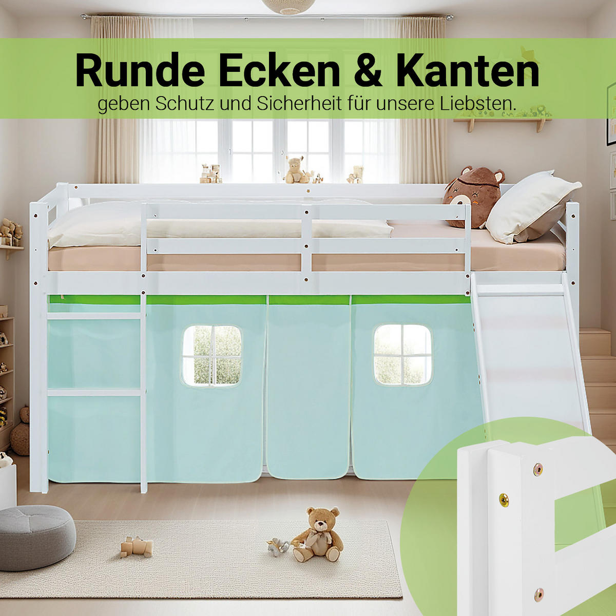 HOCHBETT 90/200 cm in weiß Rutsche Bettvorhang Grün - Weiß/Grün, Holz/Textil (90/200cm) - Homestyle4u