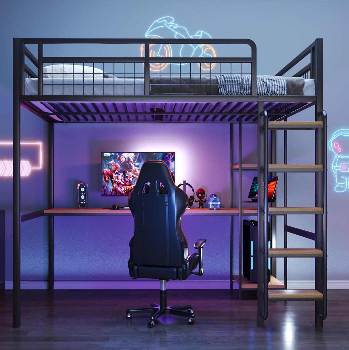 HOCHBETT 140/200 cm mit Schreibtisch, Regal und Sicherheitsleiter aus Metall, Schwarz - Schwarz, Metall (140/200cm) - Redom