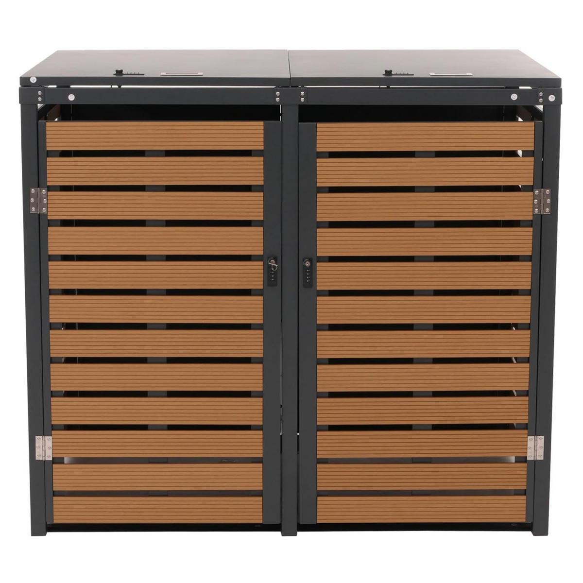 MÜLLTONNENBOX XL 2er-/4er HxBxT 119x140x102cm Teak-Optik WPC Metall 86kg - Teakfarben, Metall (140/119/102cm) - PROREGAL