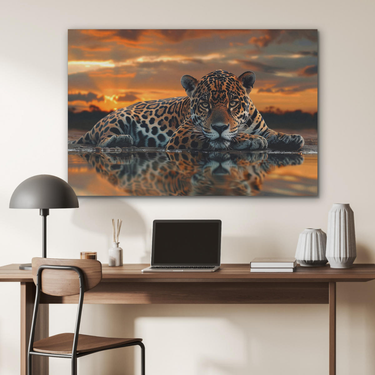 AKUSTIKBILD Natur - Leopard - Tier - Sonnenuntergang - Modern Akustikpaneele 90x60 cm - Orange, Kunststoff (90/60/0.9cm) - MuchoWow