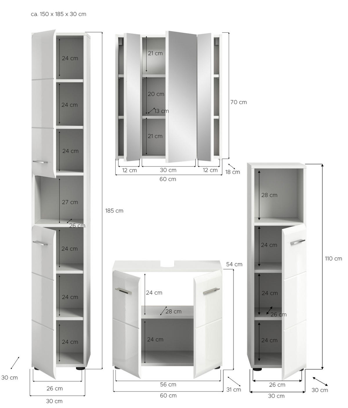 BADMÖBEL-SET weiß Hochglanz 4-teilig 150 cm, Komplettset mit viel Stauraum - Weiß Hochglanz/Silberfarben, Glas/Holzwerkstoff (150/185/30cm) - Inn.Furn