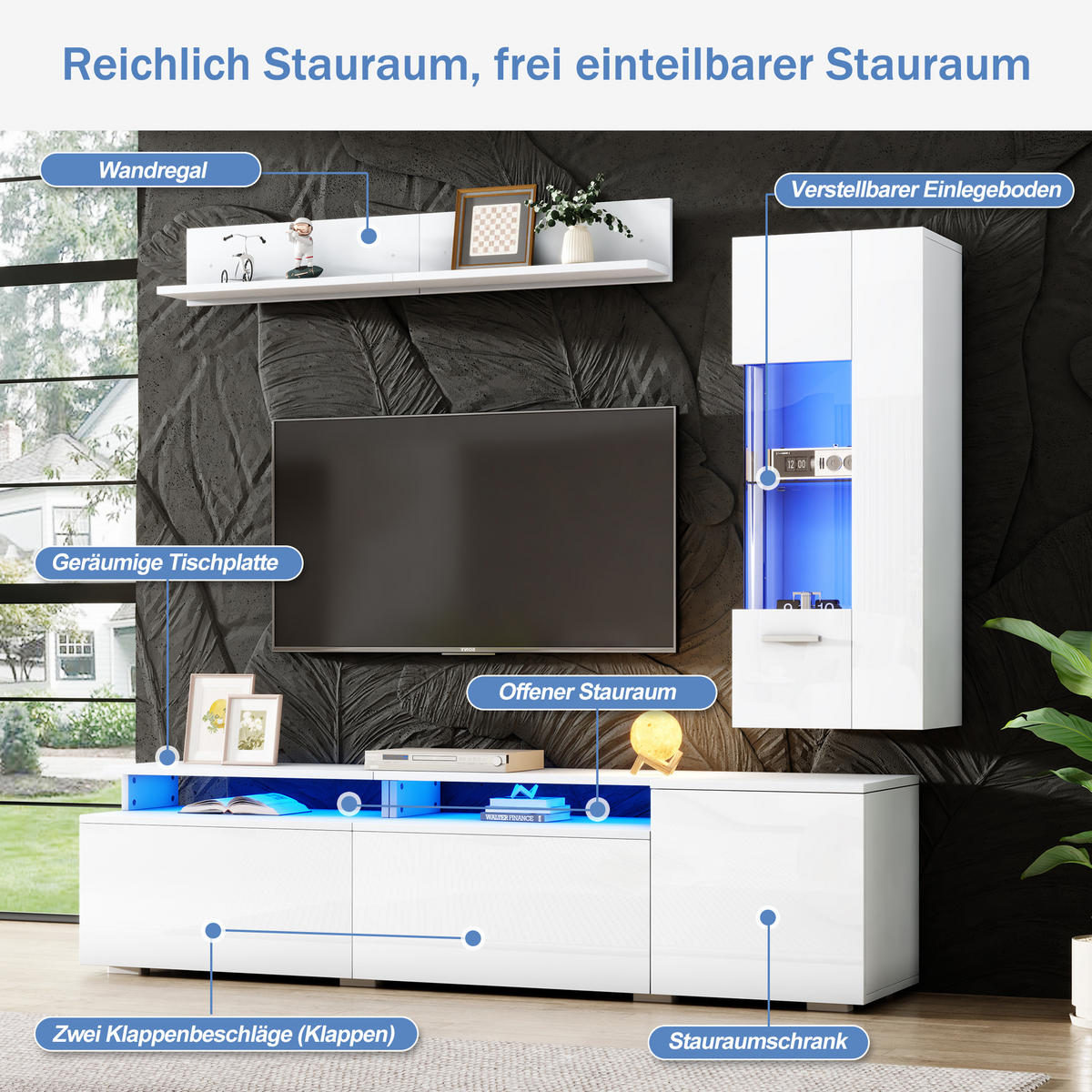 TV-ELEMENT 180/40/45 cm Weiß mit LED Beleuchtung (3 Stück) - Weiß, Holz (180/45/40cm) - Oxeza
