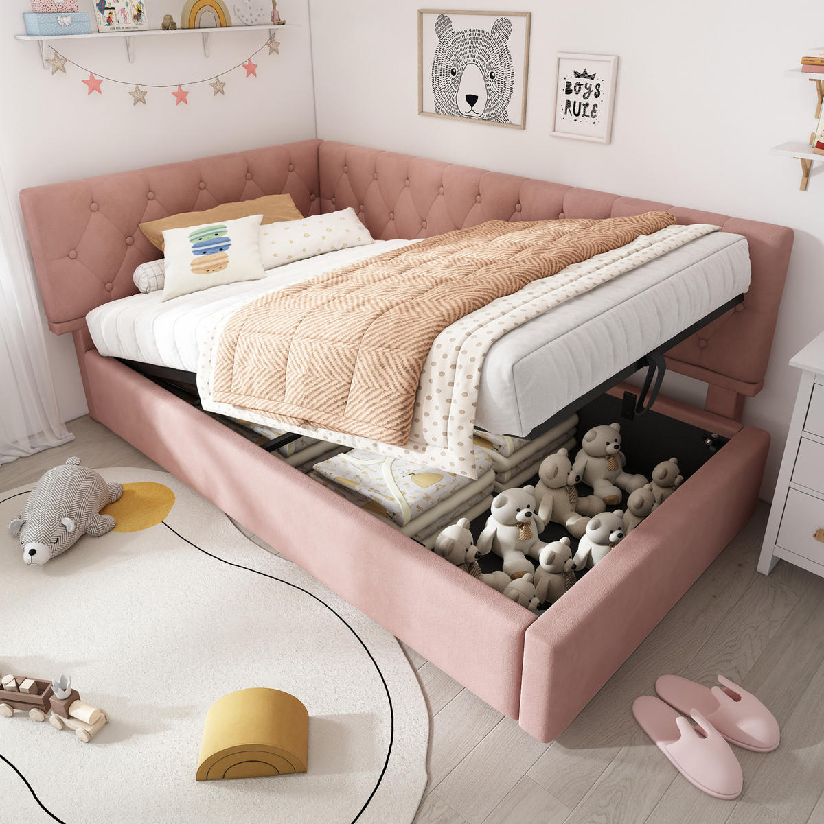 KINDERBETT Polsterbett 90/200 cm aus Samt mit hydraulischem Bettkasten Rosa - Pink, Textil (90/200cm) - Modenvie