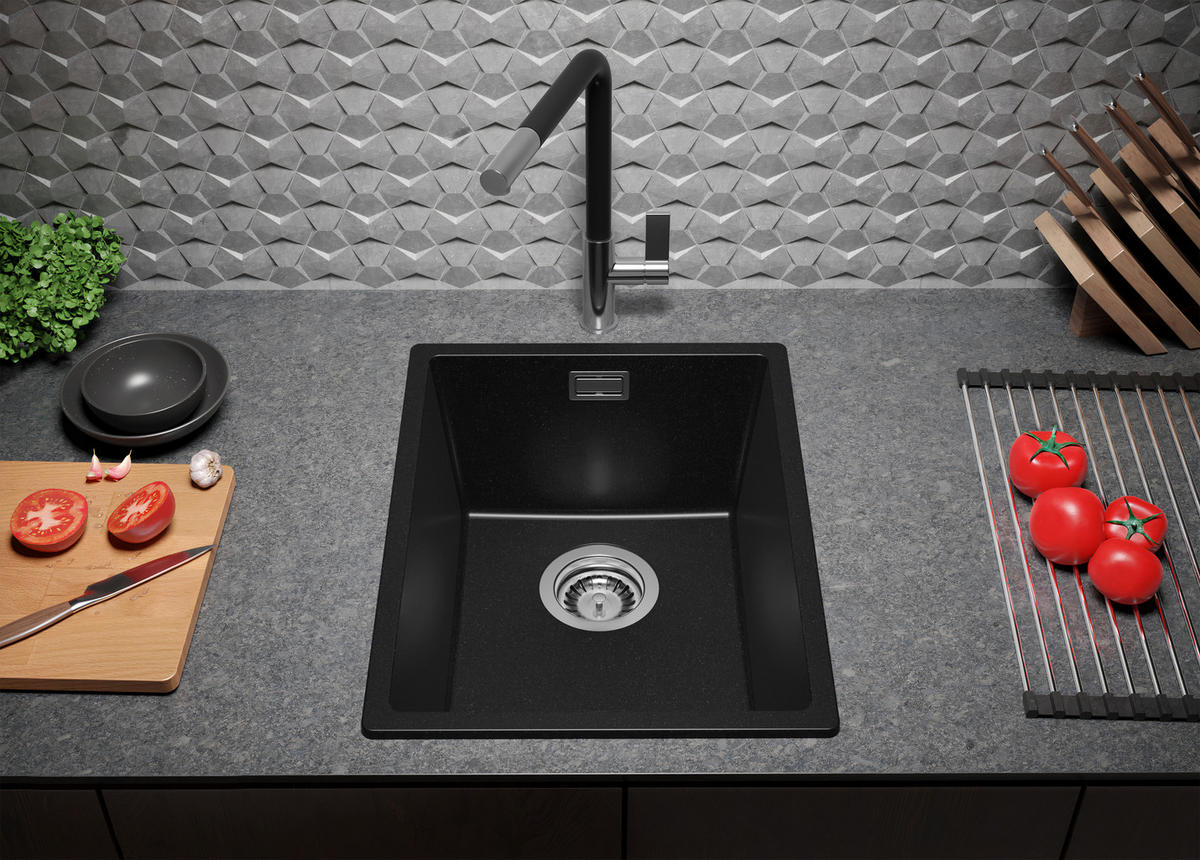 GRANITSPÜLE London Slim, 2-er set Alles Schwarz 36/47 cm 1 Becken + Küchenarmatur 40/38 cm + Ablauf-Set ab 40er Unterschrank - Schwarz, Kunststoff (36/20/47cm) - Primagran