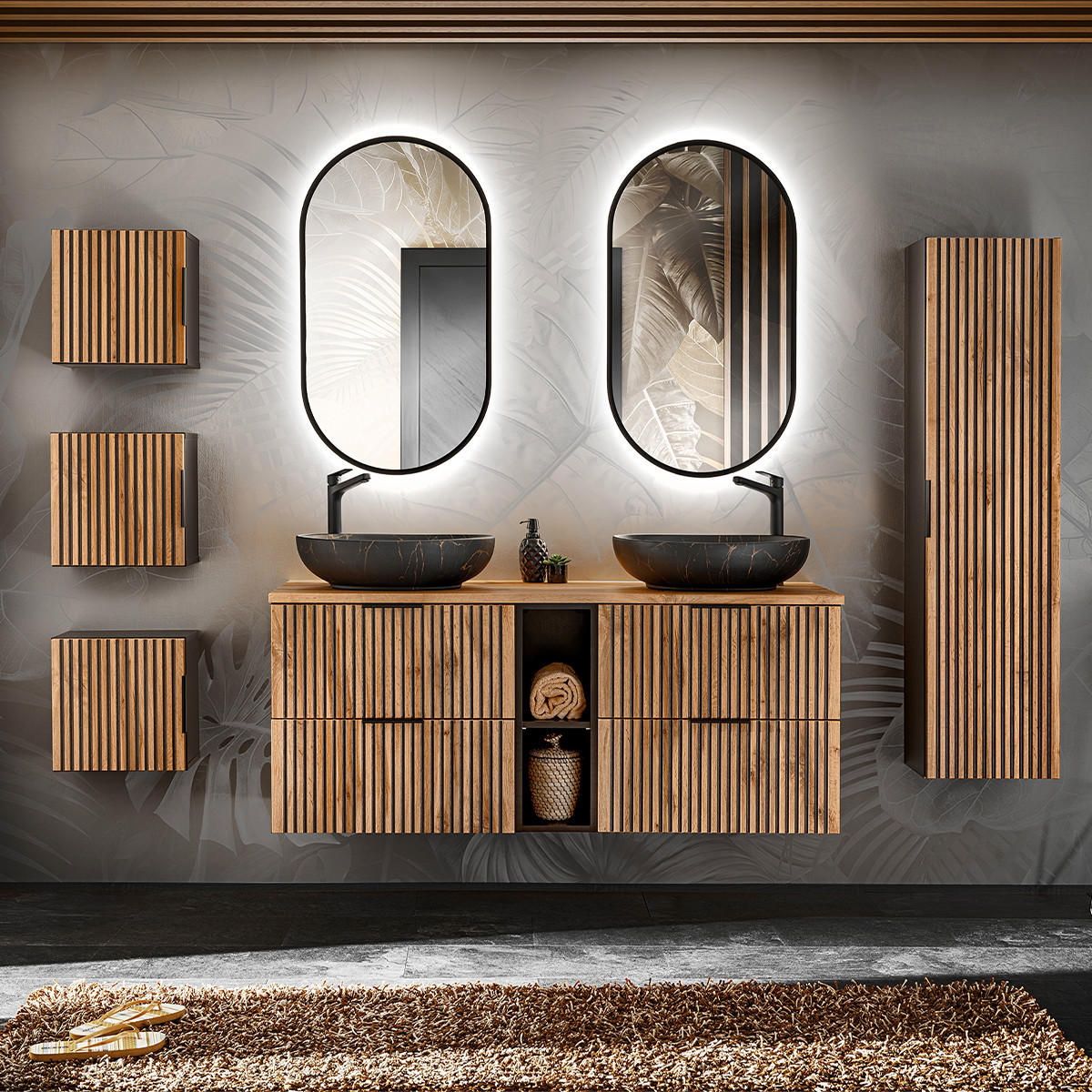 WASCHTISCHUNTERSCHRANK 140.6cm Gaia Holz in Eichenoptik und Schwarz - Schwarz, Holzwerkstoff (140.6/59/46cm) - Petits-meubles