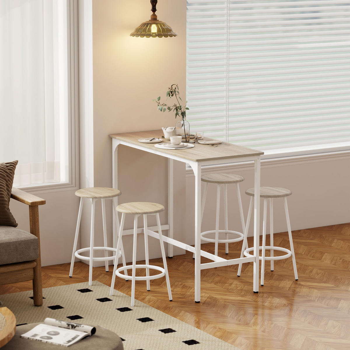 BARTISCH-SET DE-14809 4 Hocker mit Fußstütze Holzoptik/Weiß - Braun, Metall (110/50/89.5cm) - ComfortXL