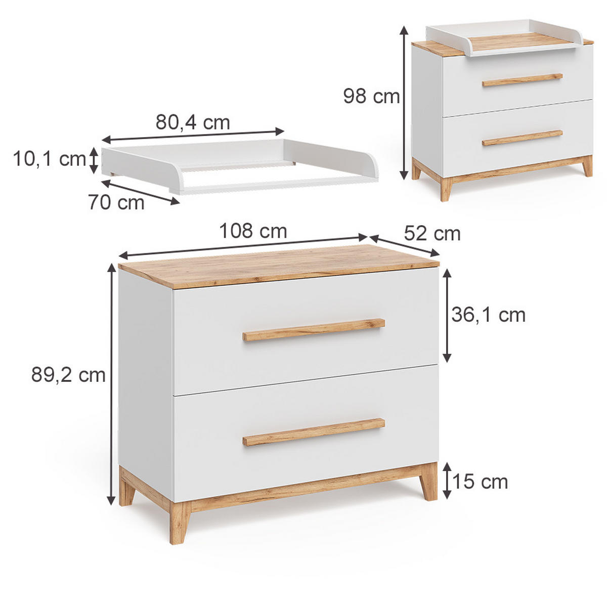 WICKELKOMMODE Malia Weiß/Artisan 108 x 98 cm mit 2 Schubladen - Hellgrau/Weiß, Holzwerkstoff (108/98/70cm) - VitaliSpa