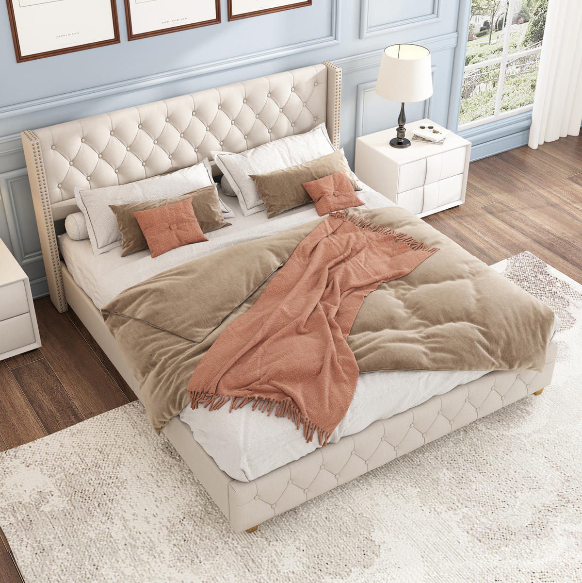 POLSTERBETT 180/200 cm Beige mit Lattenrost und Nietenverzierungen - Weiß, Textil (180/200cm) - OKWISH