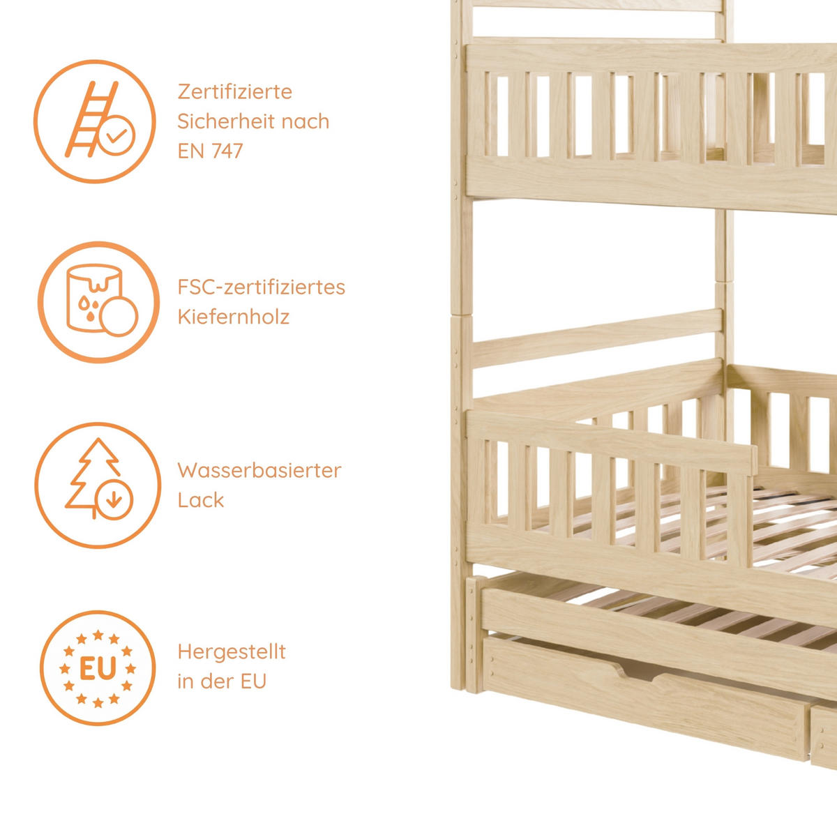 ETAGENBETT mit Schubladen und Ausziehbett 90x200 in natur - Naturfarben, Holz (90/200cm) - Kids Collective