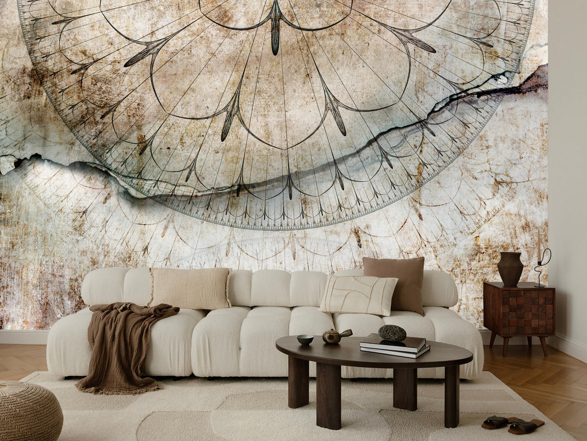 FOTOTAPETE für Büro Industrial Rad Mandala Beton Abstrakte Komposition 400x280 - Beige/Schwarz, Papier (400/280cm) - Muralo