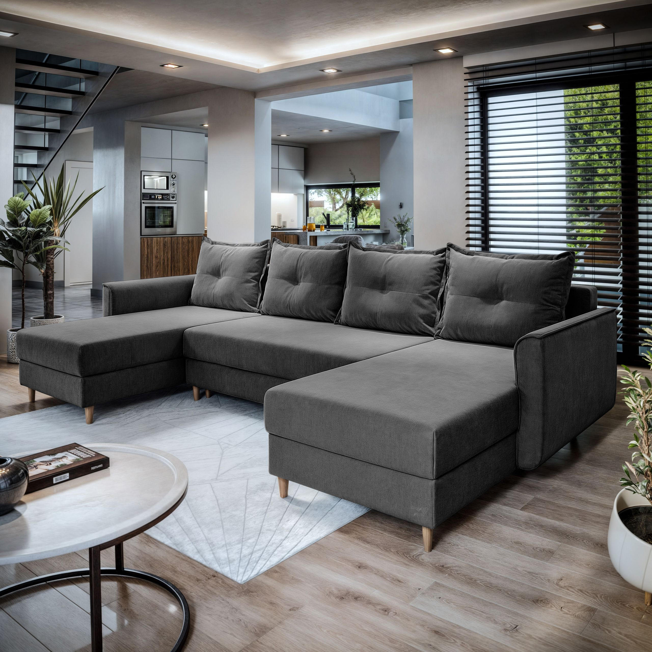 WOHNLANDSCHAFT VERNI Grau Plüsch-Stoff mit Schlaffunktion - Grau, Holz (285/91/143cm) - MASSENO