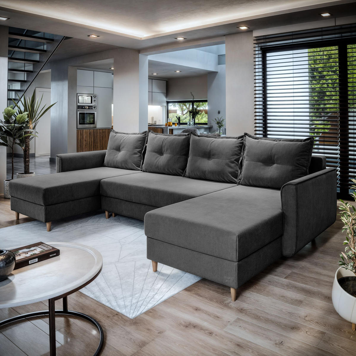 WOHNLANDSCHAFT VERNI Grau Plüsch-Stoff mit Schlaffunktion - Grau, Holz (285/91/143cm) - MASSENO