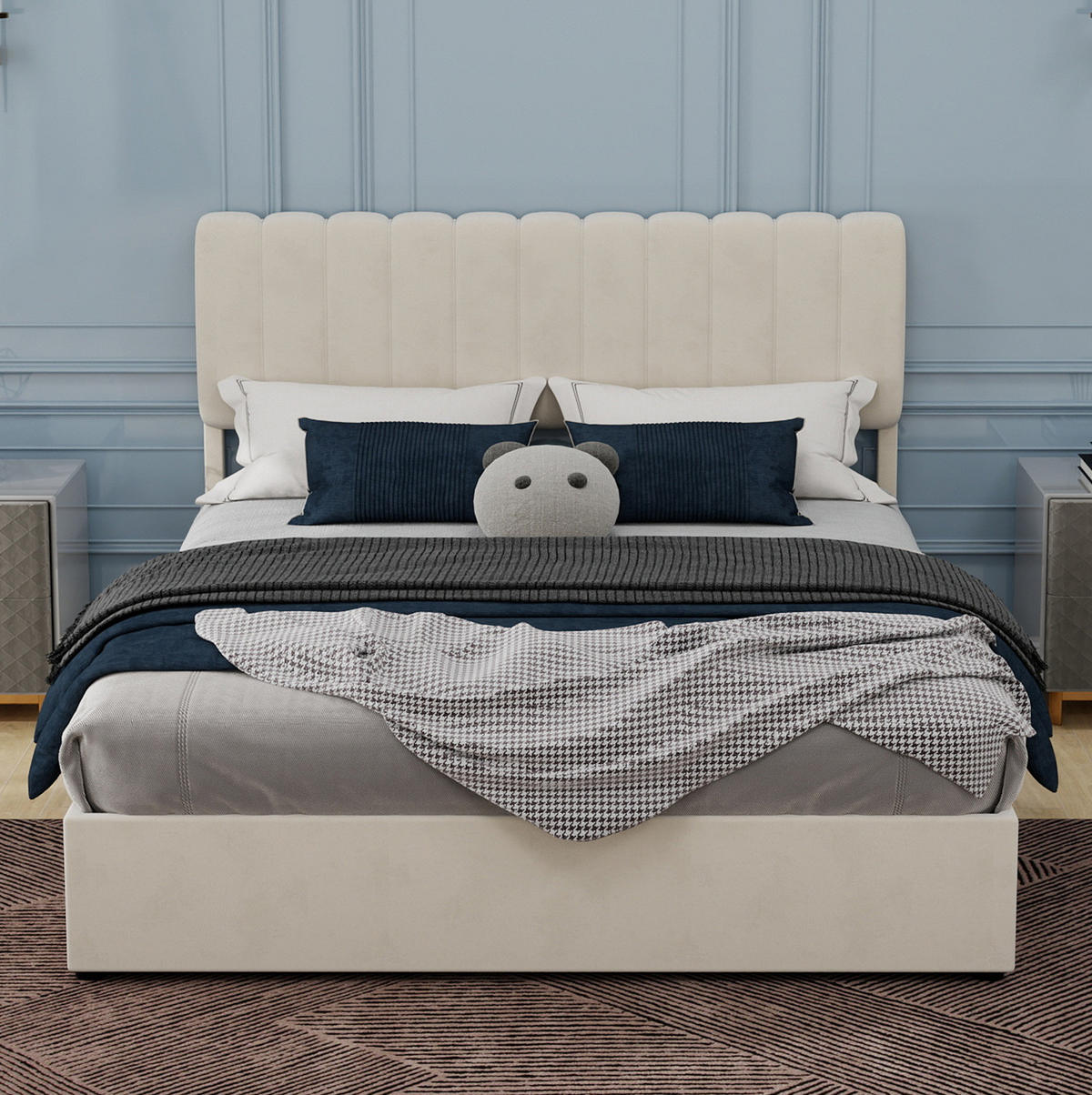 ČALOUNĚNÁ postel 160/200 cm béžová z látky a kovu s úložným prostorem a lamelovým rámem - béžová, textil (160/200cm) - OKWISH