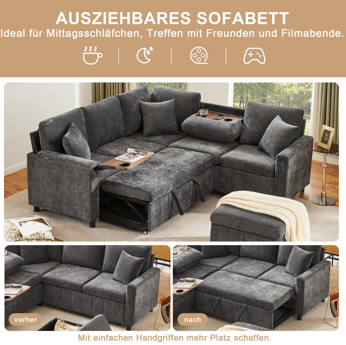 KUTNA garnitura 205/205/85 cm siva od ženila s funkcijom spavanja i USB priključcima - siva, tekstil (205/205cm) - OKWISH