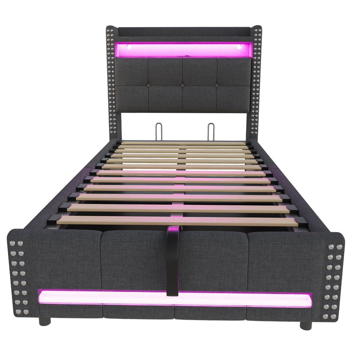 POLNJENA postelja iz leinen tkanine 90x200 cm siva z LED osvetlitvijo, USB priključkom in hidravličnim shranjevalnim prostorom - siva, tekstil (90/200cm) - Modfu