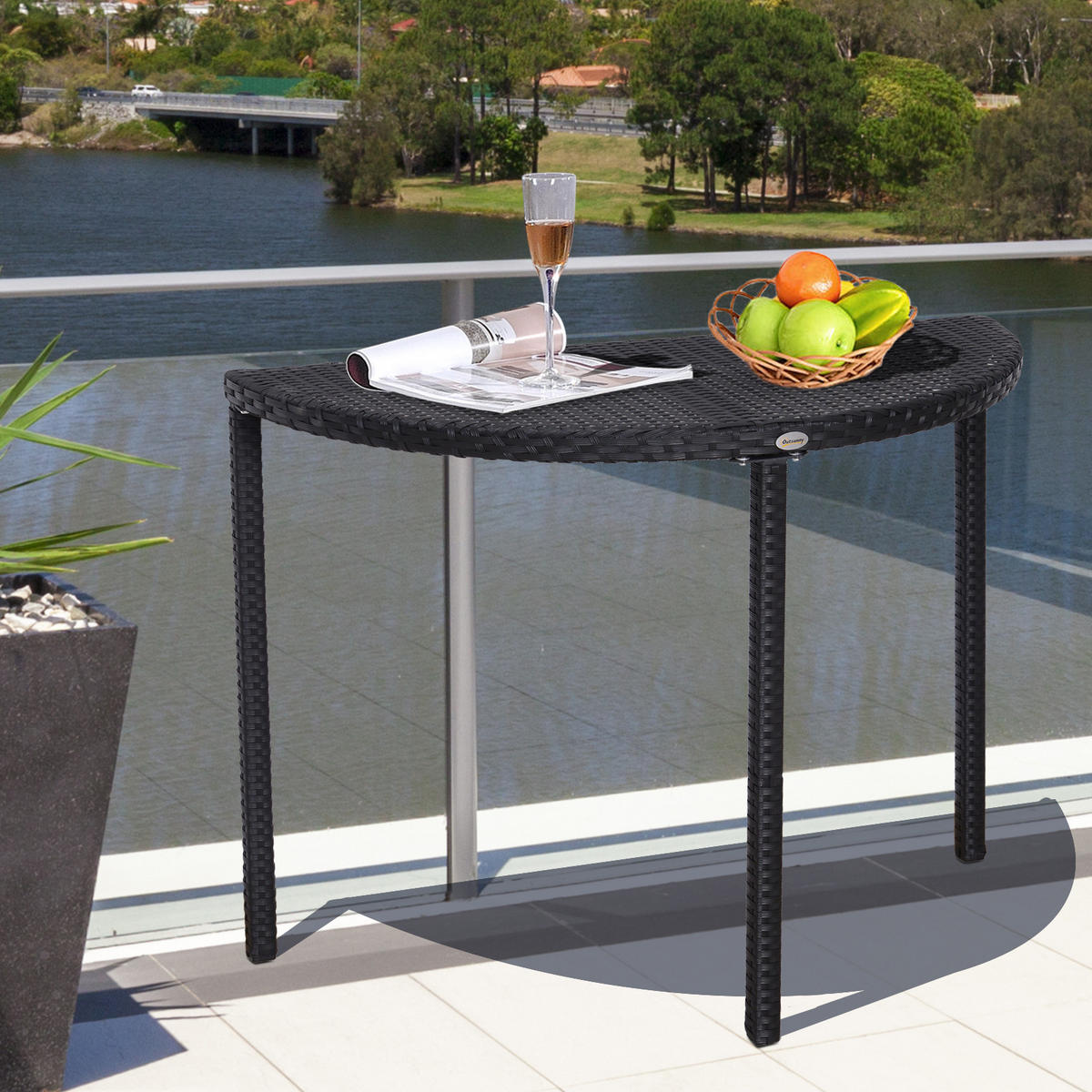 BALKONTISCH DE-06676 halbrund, Polyrattan+Metall Schwarz - Schwarz, Kunststoff/Metall (100/50/74cm) - ComfortXL