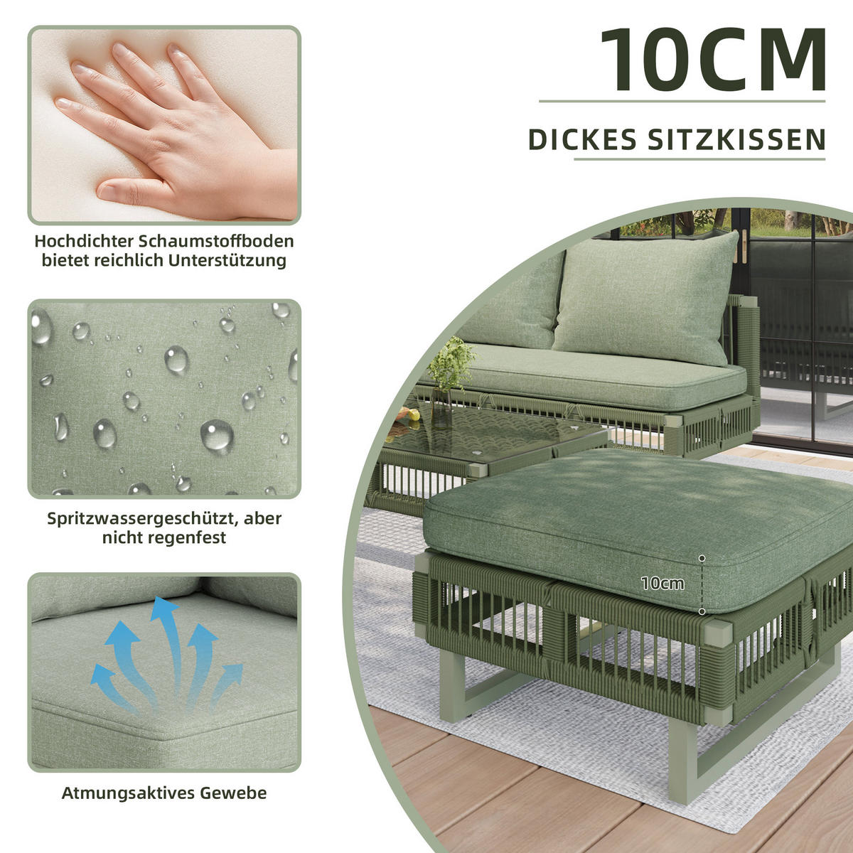 LOUNGESET, Seilgeflecht, Verstellbare Füße, Glas-Couchtisch, Grün - Grün, Metall - FLIEKS