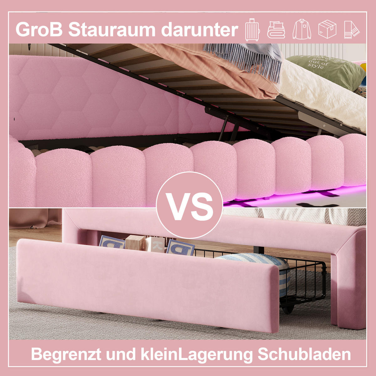 KINDERBETT 90x200cm mit Lattenrost (ohne Matratze)，mit LED-Lichtleiste- Rosa - Pink, Holz/Textil (90/200cm) - KOMHTOM