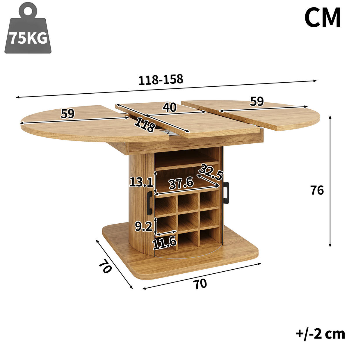 ESSTISCH in Naturbraun Ausziehbarer Küchentisch mit ausnehmbaren Einlegeböden für Esszimmer - Hellbraun/Schwarz, Holzwerkstoff/Metall (158/118/76cm) - STILVORA