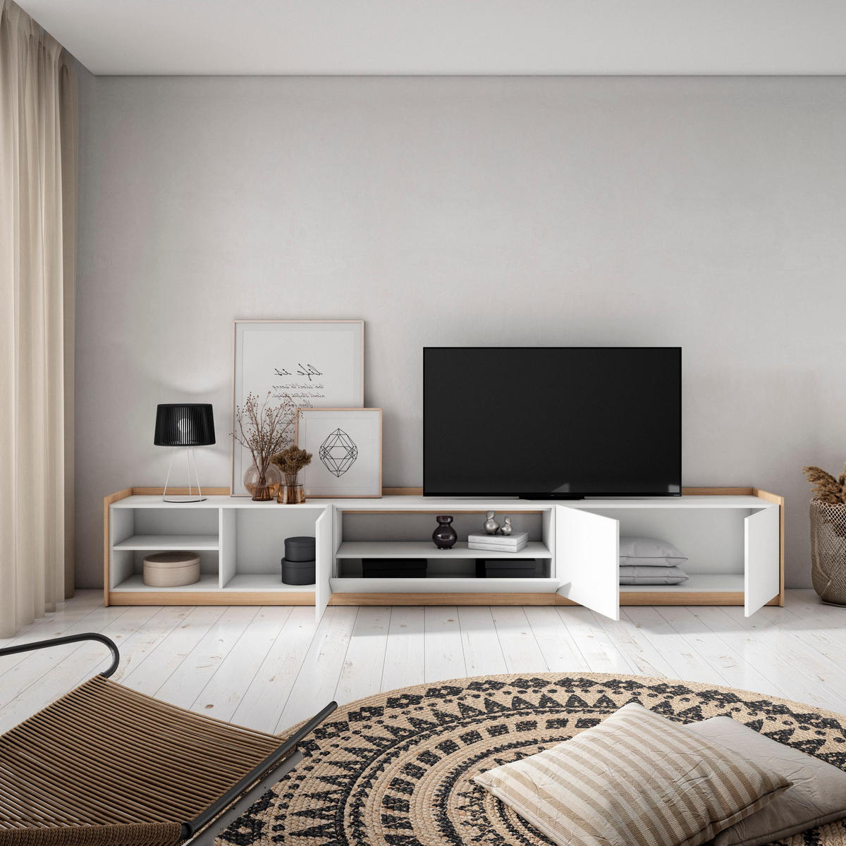 TV-SCHRANK, Lowboard, Weiß und Eiche Soft, 310/37/50cm - Weiß, Holzwerkstoff (310/50/37cm) - Skraut Home