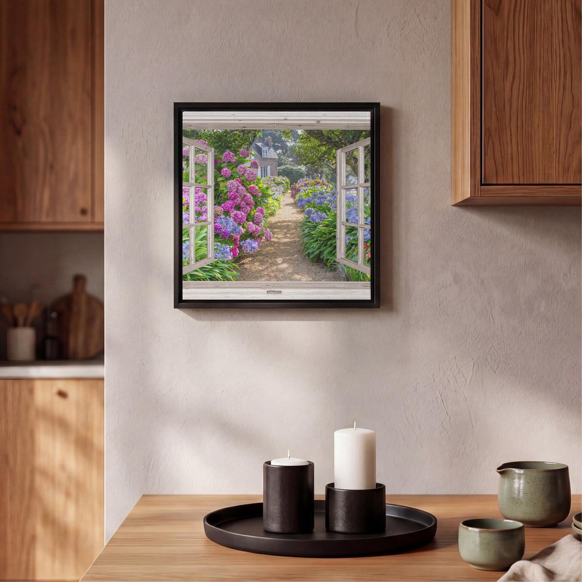 LEINWAND Bilder mit Rahmen - Hortensie - Durchsichtig - Blumen - Sommer - Lila - Weg - 20x20 - Lila, Textil (20/20cm) - MuchoWow