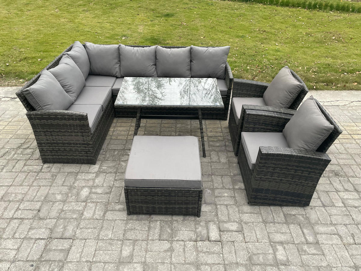 SITZGRUPPE mit Ecksofa,Rechteckiger Esstisch ,Hocker,2 Stühle Polyrattan 9-Sitzer - Dunkelgrau/Grau, Glas/Kunststoff - Fimous